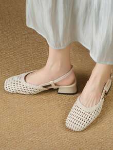Fall/Winter Square Toe Woven Women's Sandals, Elegant Chunky Heel Bowknot Beige High Heels, Outdoor Party Buckle Hollow-Out Shoes,Elegant,Ballet Shoes