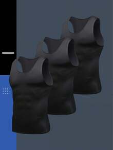 3件套男士黑色塑身背心紧身背心牛奶丝弹力舒适户外运动训练跑步篮球足球运动打底背心速干吸汗透气穿着舒适春夏礼物 - 黑色 - 查看 5