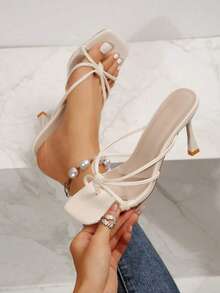 女式方头人字拖细高跟凉鞋，舒适休闲度假时尚百搭高跟凉鞋 - 杏色 - 查看 1