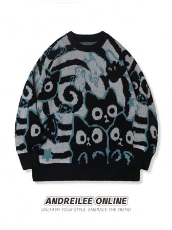 Men's Casual Loose Kitten Graphic Knit Sweater, Crew Neck Long Sleeve Pullover, Streetwear For Autumn/Winter
