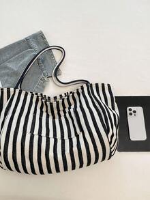 Túi Tote Canvas Sọc Retro Sang Trọng, Túi Đeo Vai Dung Tích Lớn Phong Cách Hàn Quốc Dành Cho Nữ, Thích Hợp Cho Du Lịch Và Nghỉ Dưỡng - màu đen - Xem 3