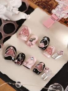 XEERCOOU 10 buc unghii scurte pentru întoarcerea la școală, culoare presă, roșu negru drăguț, stil cool și frumos, presă pe unghii, uz zilnic la birou, unghii false, kit pentru unghii artificiale, include 1 foaie de file adezive și 1 pilă mini, accesorii pentru unghii