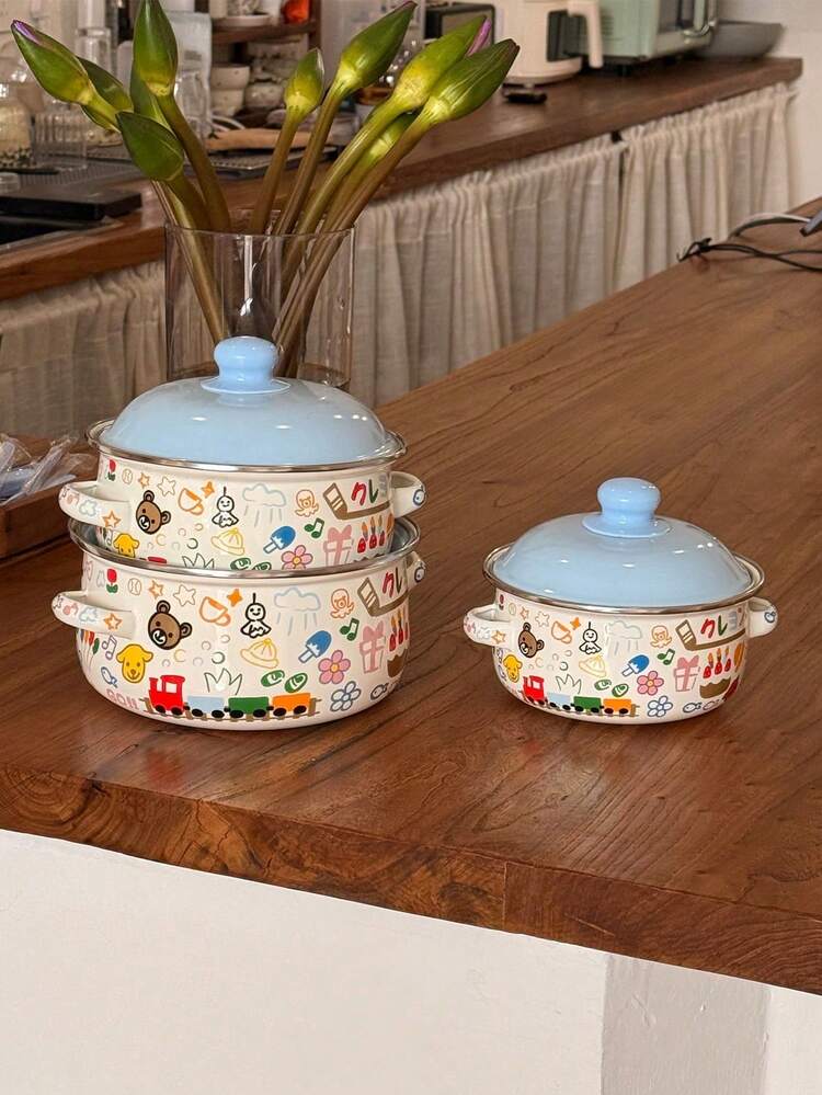 1 套搪瓷炊具，16/18/20 厘米带柄盖锅，1.4 升马克杯和 400 毫升罐，复古花卉设计，厚实多功能，美观度高，家庭厨房储物炊具套装，独特的餐具，适合节日、派对、户外露营，送给朋友和家人的礼物 - 彩色 - 查看 6
