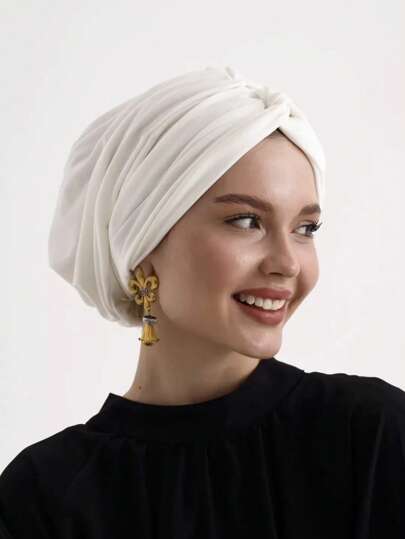 1pc Women's Classic Solid Color Chemo Turban Hat, High Elasticity, Pleated Design, Non-Slip, Breathable, Multi-Layer Pleated Headscarf, Perfectly Paired With Hijab, Soft And Skin-Friendly Modal Knitted Fabric, Suitable For Hijab Outfit, Daily Wear