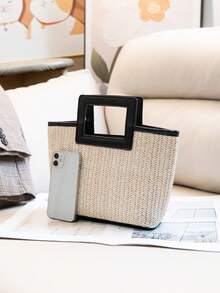 新款欧美风编织包，度假草编包，旅行包，时尚便携收纳包，沙滩包，草编手提包，迷你草编手提包，学生购物袋，夏季必备，多功能单品，完美适用于女性、女孩、学生、旅行、度假、海滩、送礼、返校季 - 黑色 - 查看 5