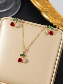 3件套时尚欧美简约金色不锈钢可爱樱桃水钻项链套装（项链+耳环），适合女性日常佩戴、派对、约会、生日礼物 - 金色 - 查看 1