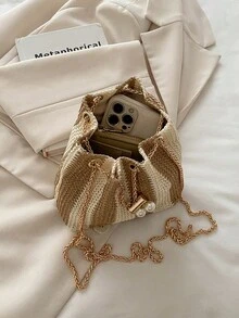 迷你时尚纯色女士水桶包，百搭优雅的链条斜挎包，适合购物、钱包、逛街、年轻女性、大学生、新人、白领。非常适合办公室、大学、工作、商务、通勤、户外活动、旅行和郊游。