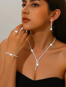 1 Set White Crystal Bridal Jewelry Set, Western Style Crystal Jewelry Set, Suitable For Party Wear - Silver - View 15