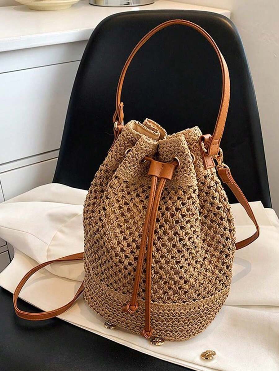Women's Vacation Bohemian Style Drawstring Straw Bucket Tote Shoulder Bag