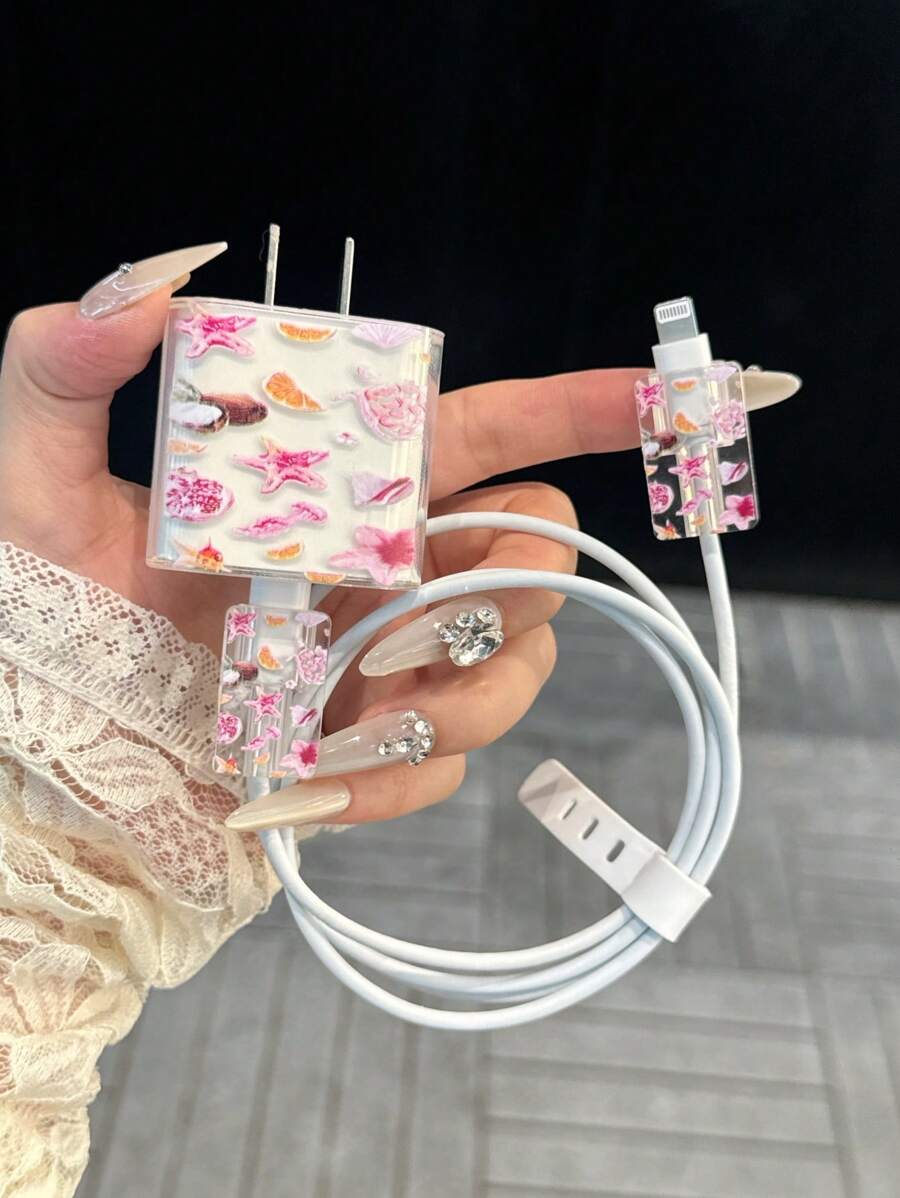 4 件套个性化夏季海洋和水果设计保护壳兼容苹果数据线、充电头、13/14/15 Pro Max Nan 数据线保护套充电器配件手机配件