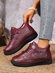 Women's Snow Boots, Hook And Loop Design For Easy On/Off, Floral Pattern PU Upper, Waterproof PVC Sole, Durable & Wear-Resistant, Ankle Boots For Winter - Red - View 7