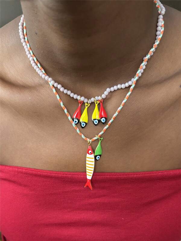Bohemian Style Colorful Necklace Contrast Color Small Fish Multi-Pendant Necklace Handmade Beaded Rope Necklace For Women Party Jewelry Gifts