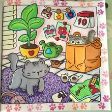 32頁[ CAT LIFE ]螺旋裝訂塗色書 Coco 成人與青少年適用，精緻厚紙，卡通舒適可愛粗線簡約圖案 Wyo 塗色書 水彩素描本 兒童玩具，緩解壓力、消磨時間，節日禮物 - 貓的生活 - 查看 6
