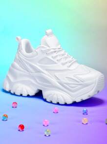 女士时尚休闲运动鞋户外纯白色厚底高跟轻便减震跑步鞋夏季透气速干网眼圆头易系带适合学生青少年日常生活约会健身办公防滑耐磨增高7CM百搭坡跟运动鞋