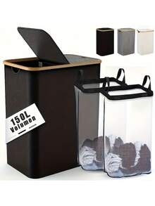 Large Capacity Laundry Basket With Lid And Handles, Portable, Removable Inner Bag, Bamboo Handle Clothing Basket, Suitable For Dorm, Bedroom, Bathroom Storage & Organization, Foldable Laundry Hamper, Recycling Bin, Classic Style, Multiple Components, Rectangular Shape, Fits Various Room Types, Laundry Basket - 1 - View 17