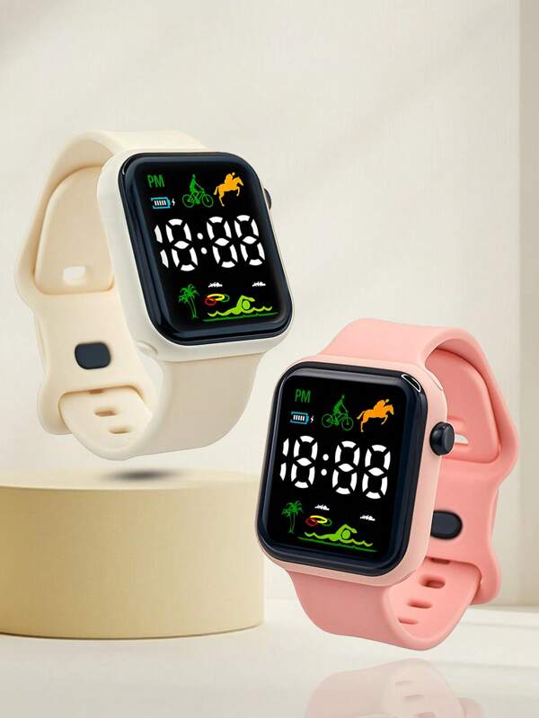 2pcs/Set Battery Operated Children's Square Electronic Watch, Green Palm Tree, Swimming, Horse Riding Pattern LED Display TPU Material Casual Sports Square Electronic Watch, Suitable For Daily Life, Back To School Gift