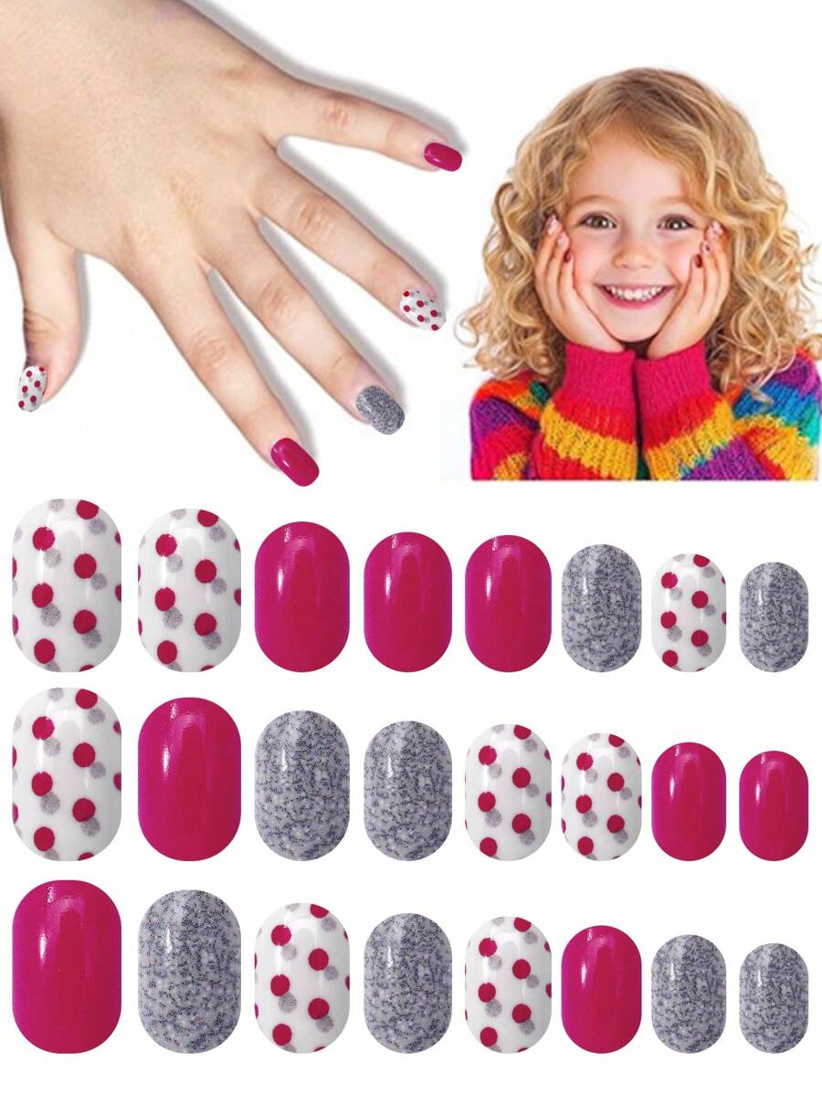 NAIO Pre-Glue Manicure Press On Nails, Cute Style Kids Mini Nails Press On, 'Super Awesome', Multi-Color,Solid Color, Polka Dot Elements, Kids Size, Square, Contains 24 Pieces Fake Nails For Girls Back To School
