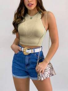 SIMPLE BASIC WOMEN'S CROPPED TOP PLAIN TANK TOP - 奶油色 - 查看 1