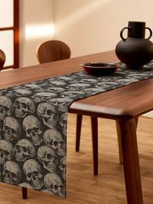 1pc Halloween Skull Print Linen Table Runner, Suitable For Holidays, Parties, Birthdays, Dinners, Kitchen & Dining Room Decor, Shoe Cabinet Cover, All Season Home Decor - Multicolor - View 4