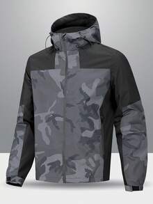 MAISONFOX Boyfriend Style Men's Camouflage Print Drawstring Hooded Sports Jacket, Casual Everyday Camouflage Zip-Up Hooded Going Out Street Wear Long Sleeve Jacket, For Friends, Husband, Boyfriend Gifts, Fall - Grey - View 3
