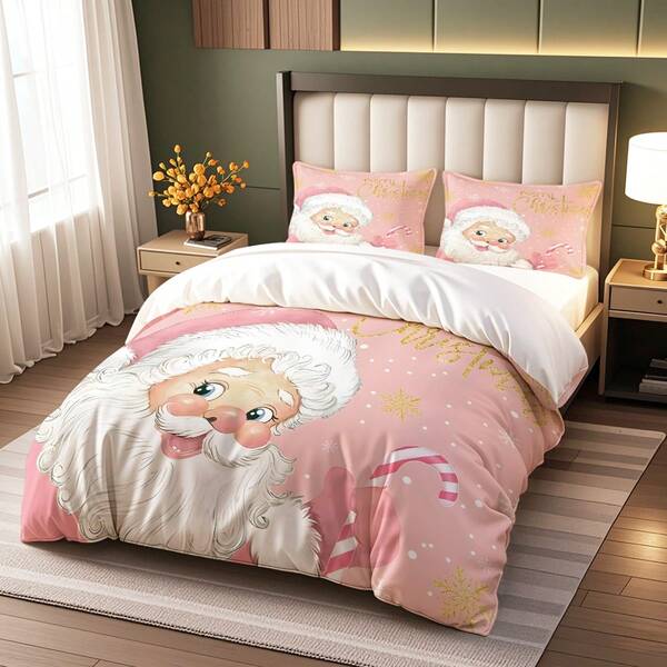 3pcs Christmas Element Set, Pink Lollipop Santa Claus Digital Print Duvet Cover Set (1 Duvet Cover + 2 Pillowcases, No Filler), Suitable For Bedroom And Guest Room. Soft And Comfortable Bedding And Home Decor, Holiday Gift For Family And Friends
