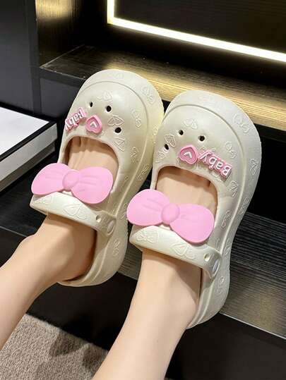 Sandal nữ đế dày chống trượt, họa tiết hoa và nơ hình trái tim, màu hồng, kiểu Hàn Quốc, thích hợp cho mùa hè.