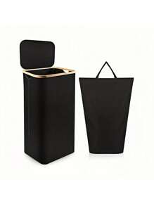 Large Capacity Laundry Basket With Lid And Handles, Portable, Removable Inner Bag, Bamboo Handle Clothing Basket, Suitable For Dorm, Bedroom, Bathroom Storage & Organization, Foldable Laundry Hamper, Recycling Bin, Classic Style, Multiple Components, Rectangular Shape, Fits Various Room Types, Laundry Basket - 1 - View 15