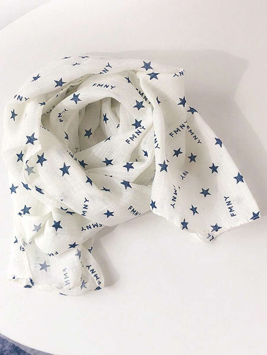 Women Bandana 1pc Ins Star Print Square Scarf Headscarf 70*70cm, Spring And Summer Thin Versatile Pastoral Floral Hair Accessories, Bohemian Style Ladies, Square Scarf, Hairband, Headband, Ladies Headscarf, Multi-Functional Use, Can Be Used As A Belt, Decoration, Headscarf, Shawl, Sarong, Very Suitable For Sun Protection, Daily Wear, Party And Outdoor Travel, Vacation, Gift Giving, School Stuff, College - White - View 1