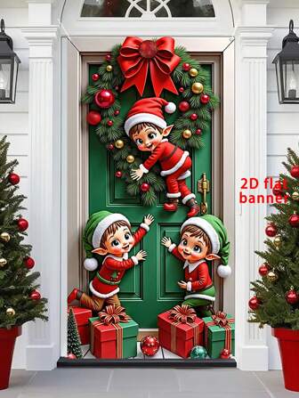 Pancarta plana de 2D para puerta de Navidad, 1 pieza, letrero decorativo colgante de Feliz Navidad, 35.4inX70.8in, material de poliéster duradero, decoración navideña, decoración de fiesta temática de Navidad, para uso en exteriores e interiores, ideal para porche, patio, garaje y hogar