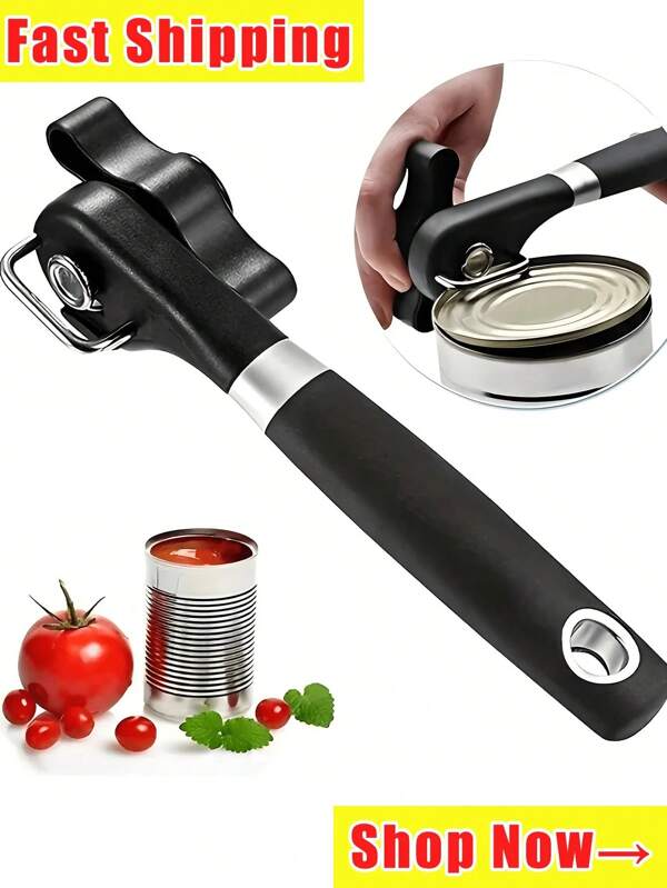 1 pieza Abrelatas manual de acero inoxidable de uso comercial pesado con borde suave, diseño ergonómico, perilla grande de fácil ajuste, manivela cómoda antideslizante, construcción duradera de plástico/metal, abre latas y botellas, apto para uso diario, también se puede usar como abridor de botellas, opción de almacenamiento colgante, fácil de limpiar