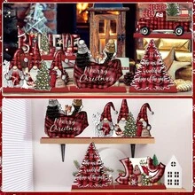 6pcs Christmas Winter Decor Plaid Red & Black Farmhouse Wooden Signs Country Office Desk Indoor Decoration