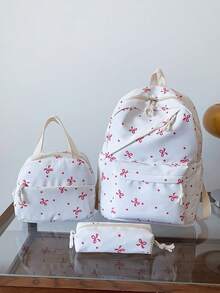 3 Pcs Back To School Backpack Set - Stylish Large Capacity Backpack&Lunch Bag& Pencil Case Multi-Pack,With Laptop Compartment Bow Pattern Nylon Backpack Featuring Adjustable Straps Spacious Multi-Pockets - Lightweight Portable Zipper Bags For Students/Teens/Graduates Perfect For Outdoor/Travel/Middle School/High School /College, Cute Bow Backpack, Bags For University, University Essentials