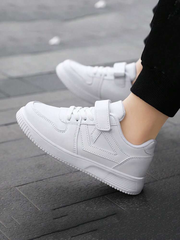 1 Pair Teenagers' Low-Top Outdoor Sports Shoes, Leather Upper, Lightweight, EVA Sole, Fashion Hook And Loop Versatile, Adjustable Closure For Easy On/Off, Suitable For Daily Wear - White - View 7