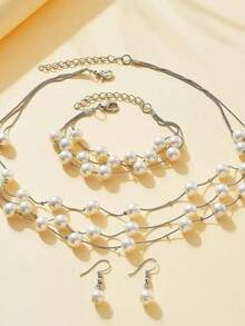 3pcs Elegant Fashion Necklace, Bracelet, Earring Set, Multi-Layer Pearl Chain Jewelry, Suitable For Wedding, Bride, Evening Party
