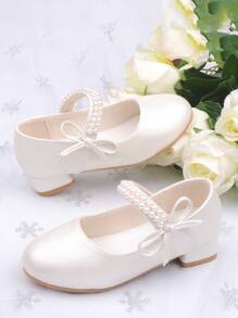 Girls Pearl Princess Shoes, White Leather Shoes, Mid-Heel, Spring/Autumn