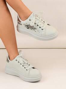 Lace-Up Casual Sneakers With Embroidered Design, Thick Sole, Unisex Athletic Shoes For All Seasons - Silver - View 3