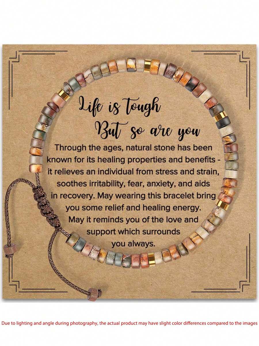 Inspirational Gift Bracelet, Women's Healing Natural Stone Bracelet - Wishing You A Speedy Recovery, Gift For Female Friends, Sisters, Girls - Life Is Difficult, But You Are Also Strong Bracelet - A-a JASPER STONE-lIFE IS TOUGH - View 1