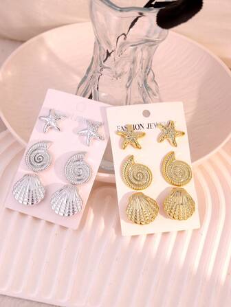6 Pairs Women's Starfish & Shell Design Earrings Set, Fashionable Style, Gold Color, Suitable For Daily Wear, Travel, Summer Beach, Casual Outfit