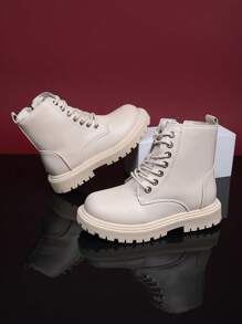 1 Pair White Infant Boots, Solid Color Front Lace-Up, Side Zipper, Metal Buckle, Simple Round Toe, Rubber Anti-Slip Sole, Outdoor Fashion Boots Suitable For 3-12 Years Old Boys And Girls, Students, Autumn/Winter New Style For Vacation, Casual, Party