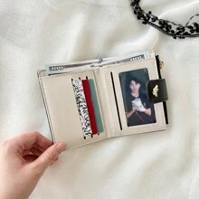 叶子金属纽扣双折钱包简约时尚短款钱包女士钱包迷你钱包钱包小钱包可爱钱包 - 黑色 - 查看 4