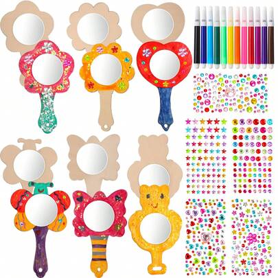 12 Pieces Of DIY White Wood Small Mirrors, Handicraft Set, Cartoon Animal Butterfly Heart Mirror Theme, Including 12 Wooden Board Mirrors, 1 Color Diamond Sticker, 12 Color Pens, DIY Handicraft Set Suitable For Children, Four-Season Wooden Handicraft Supplies Set, Halloween, Christmas, Birthday Gifts