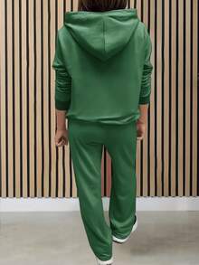 [Otoño/Invierno] Conjunto de 2 piezas de mujer con sudadera con capucha de manga larga y pantalones, de unicolor, elegante, casual, minimalista y versátil - Verde - Ver 4