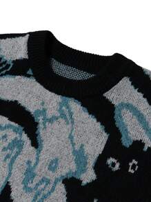 Herrtröja med lös stickning och kattungemönster, rund halsringning och långärmad, streetwear för höst/vinter - Grå - Visa 4