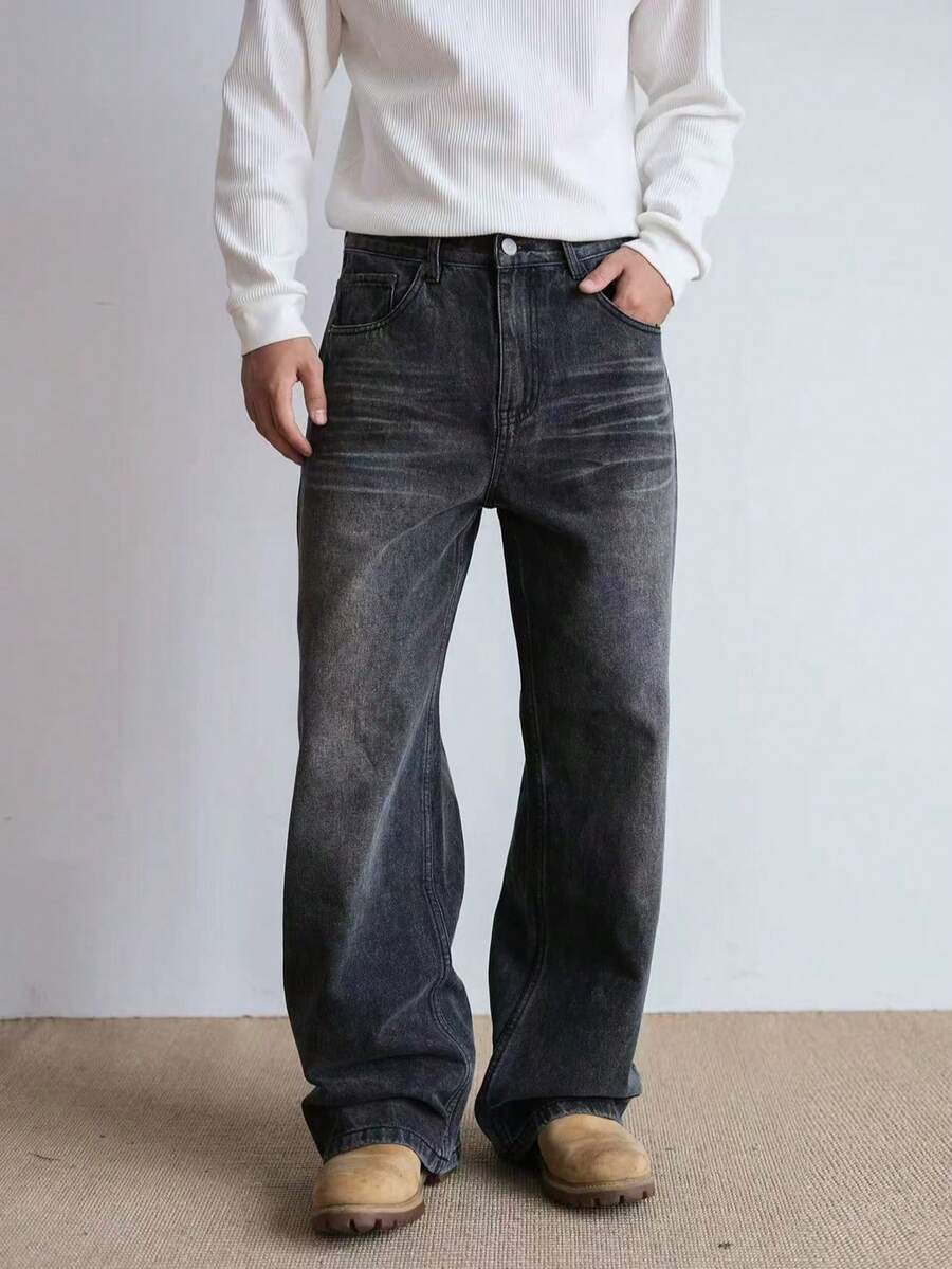 Men's Vintage Washed Black Denim Jeans With Pockets, Rugged Streetwear