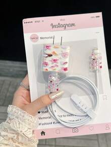 4 件套个性化夏季海洋和水果设计保护壳兼容苹果数据线、充电头、13/14/15 Pro Max Nan 数据线保护套充电器配件手机配件