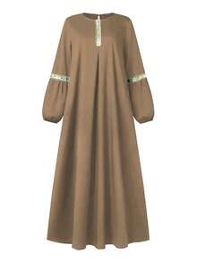 时尚长袖阿巴雅长裙，亮片休闲家居服，传统阿拉伯服饰 - 卡其色 - 查看 3