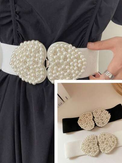 1 chiếc thắt lưng thun họa tiết hình học Bohemian có khóa hình trái tim đính ngọc trai giả, phụ kiện thời trang mặc hàng ngày, đi làm, dự tiệc, mặc quanh năm, mùa thu, Halloween