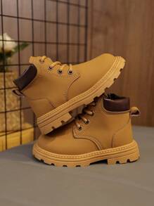 1 Pair Toddler/Kids Soft Suede PU Boots, Front Lace-Up, Side Zipper, Round Toe, Soft Sole, Retro British Style, Warm & Cute, Suitable For Boys & Girls, Everyday & School Wear, Autumn/Winter