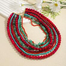 1 件波西米亚风格天然宝石和彩色手工串珠项链，欧美优雅多层锁骨链，适合大型聚会、派对、音乐节，时尚百搭