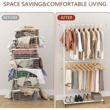 Double Rod Clothing Garment Rack, Rolling Coat Hanger With Bottom Mesh, Clothing Rack For Hanging Clothes, Coats, Skirts, Sweaters, White - With mesh + Gold - View 7